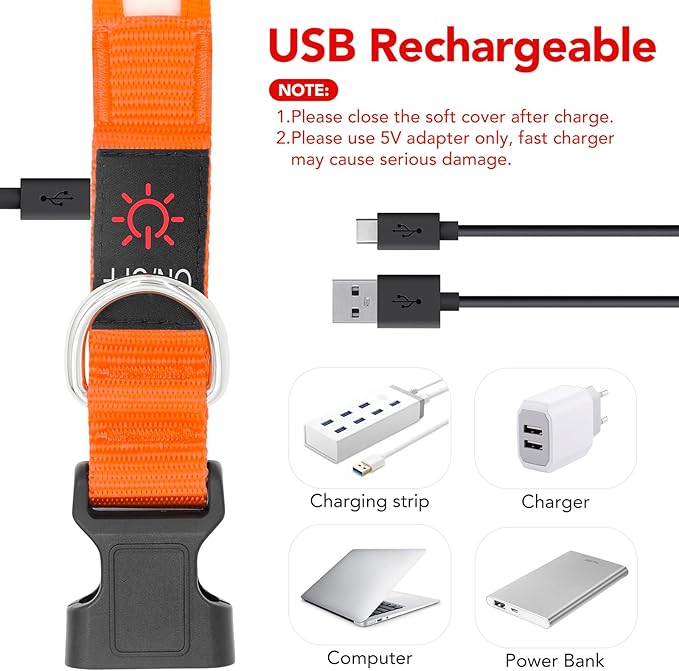 Vizpet LED Dog Collar, Light Up Dog Collar Adjustable USB Rechargeable Super Bright Safety Light Glowing Collars for Dogs(Medium,Orange)