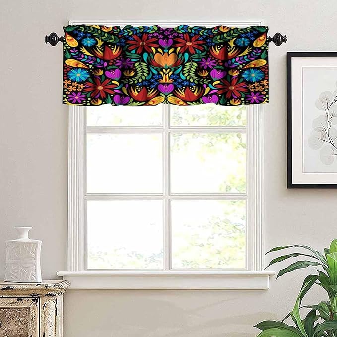 Mexico Valances Curtain for Kitchen, Colorful Mexican Style Flowers Pattern Window Treatment Valances Short Curtains Rod Pocket Drape for Dining Room Home Farmhouse Decor, 54x18inch