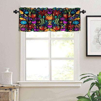 Mexico Valances Curtain for Kitchen, Colorful Mexican Style Flowers Pattern Window Treatment Valances Short Curtains Rod Pocket Drape for Dining Room Home Farmhouse Decor, 54x18inch