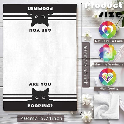 Humorous Bathroom Hand Towel with Playful Feline Art - Quirky Black Cat Decor & Funny 'Are You Pooping' Inspired Design, Decorative Bath Towel for Cat Lovers, Unique Gifts for Women Who Love Cats