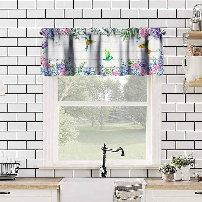 Vintage Boho Flower Valance Curtains, Watercolor Hydrangea Floral Butterfly Spring Bird Board Pink Blue Wildflower Window Valance Curtain for Farmhouse Bedroom Living Room Kitchen 54x18inch