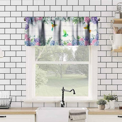 Vintage Boho Flower Valance Curtains, Watercolor Hydrangea Floral Butterfly Spring Bird Board Pink Blue Wildflower Window Valance Curtain for Farmhouse Bedroom Living Room Kitchen 54x18inch