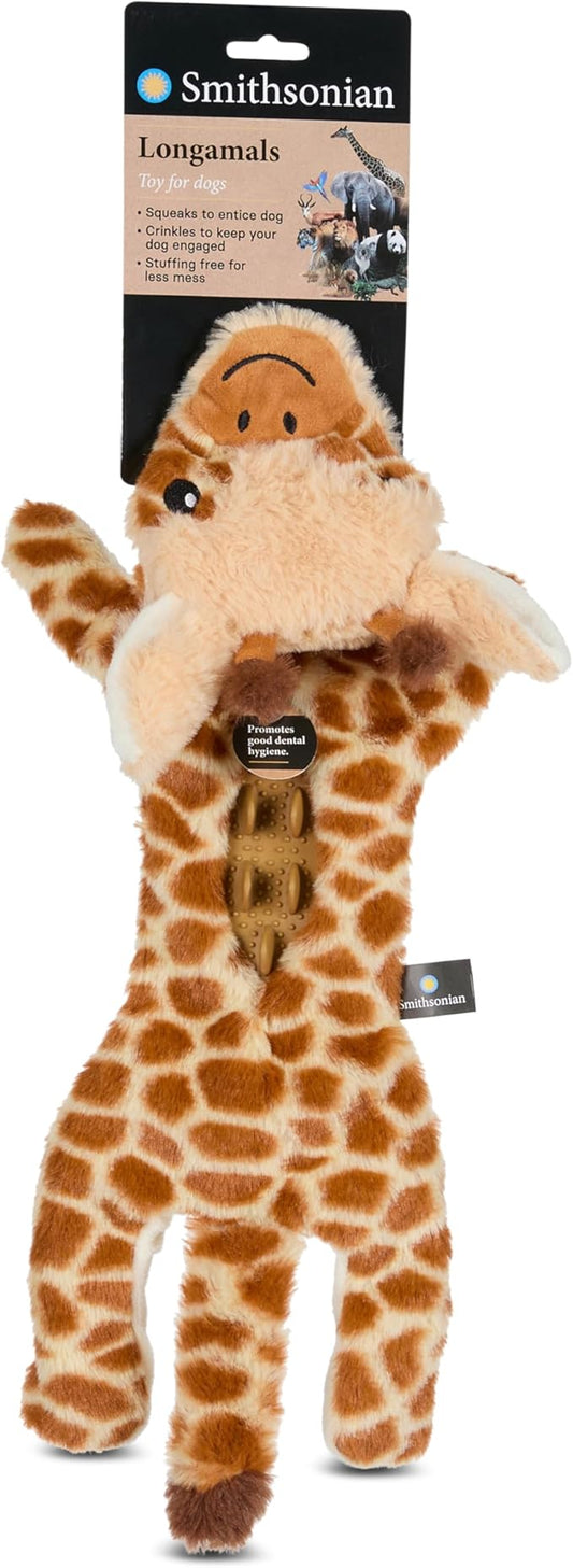 Smithsonian Longamals Giraffe Plush Dog Toy – 20" Crinkle & Squeaky, Stuffing-Free Interactive Tug Toy for Medium & Large Dogs