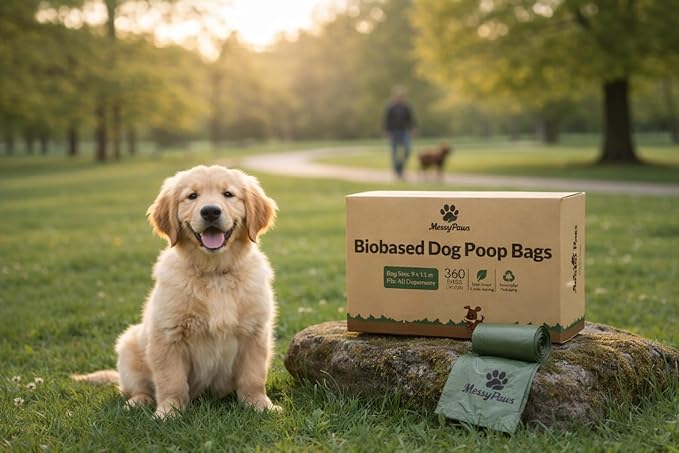 MossyPaws Biobased Dog Poop Bags – 360 Count (24 Rolls) – Plant-Based, Leak-Proof, Durable – Eco-Friendly Pet Waste Bags with Recyclable Packaging – 9x13 Inch – Fits All Dispensers