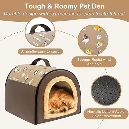 Jiupety Indoor Dog House, 2 in 1 Portable Foldable House Bed with Cover, Pet Tent & Cave Bed for Small Medium Dog, L(21"×17"×15"), Up to 16 Lb, Brown