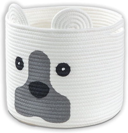 Medium Dog Woven Baskets with Handle, Dog Toy Hamper, Cotton Rope Dog Toy Storage Baskets for Pet, Animal Basket for Kids, Baby Gift Baskets for Dog Lovers, White