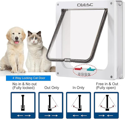 CEESC Cat Flap Door Magnetic Pet Door with 4 Way Lock for Cats, Kitties and Kittens, 2 Sizes and 2 Colors Options (L- Inner Size: 7.08"(W) x 7.48"(H), White)