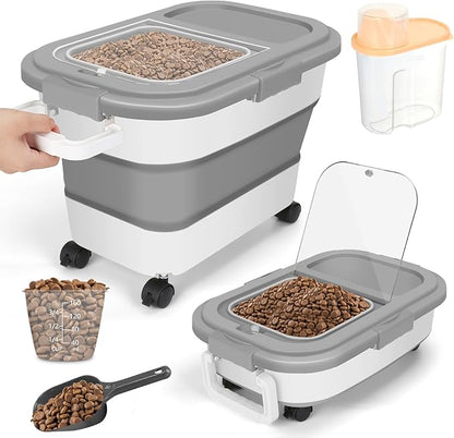 Dog Food Storage Container, 20Lbs Large Collapsible Pet Cat Food Container with Airtight Lids Wheels Handle Scoop Measuring Cup Small Container, Rice Kitchen Dry Food Storage Dispenser Bin (Grey)