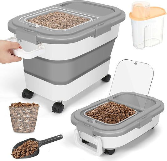 Dog Food Storage Container, 20Lbs Large Collapsible Pet Cat Food Container with Airtight Lids Wheels Handle Scoop Measuring Cup Small Container, Rice Kitchen Dry Food Storage Dispenser Bin (Grey)