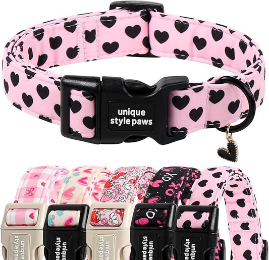 Unique Style Paws Valentine Dog Collar Plastic Buckle with Pendant Black Pink Love Heart Cotton Puppy Collars for Small Medium Large Dogs