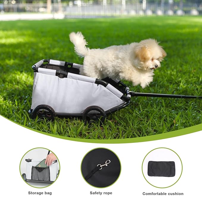 Mini Dog Strollers for Mini Pets, Foldable Multifunctional Shopping Carts with Extendable Pull Handle, Doggie Wagon Built-in Cushion and Safety Rope with Storage Bag (Light Grey)