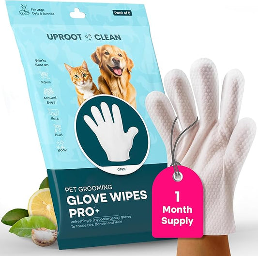 Uproot QuickClean Gloves Pro: 1 Month Supply - Extra-Thick Pet Glove Wipes for Dogs & Cats - Easy Wipe Paws, Eyes, Ears, Butt, & Body - Lick-Safe - Cleaning, Deodorizing & Grooming (6 Pack)