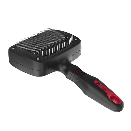 Premium Self-Cleaning Dog & Cat Grooming Brush – 2-in-1 Slicker & Undercoat Rake for Medium to Long Fur – Dual-Action Pet Hair Removal & De-Shedding Comb with Comfort Grip – Black/Red