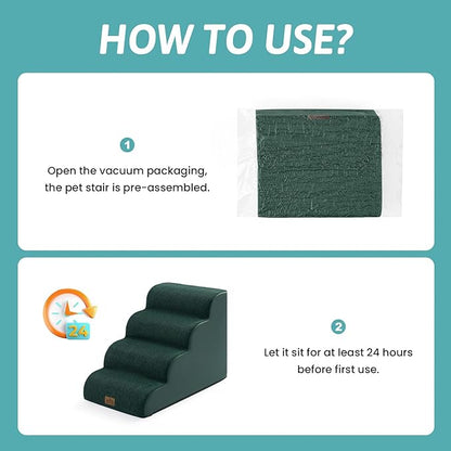 Wide Dog Stairs for Small Dog 19.7" H, Pet Step for Puppy, Older Cat, Curved Ramp for Bed, Durable Anti-Slip Ladder with High Density Foam, 4 Step, 17.7x28x19.7 inch, Dark Green