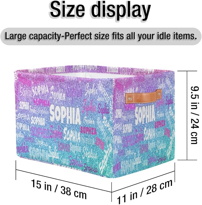 Personalized Foldable Storage Basket with Name, Laundry Hamper Dirty Clothes Pet Toys Storage Bin with Handles for Shelf Home Closet Kitchen, Gradient Purple Blue Glitters Print