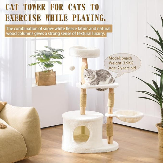 Modern Solid Hardwood Cat Tree Tower for Indoor Cats - Premium Wooden Cat Furniture with Scratching Posts, Cozy Condo, Stable Perch & Non-Tip Base, Multi-Level Play for Small & Medium Cats