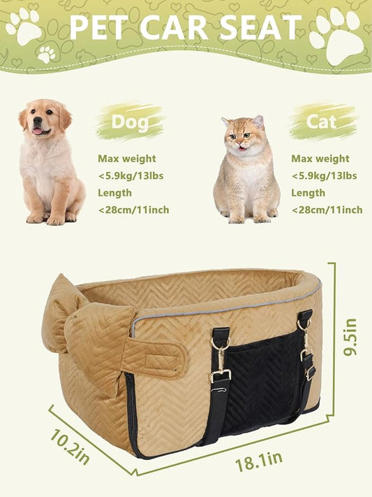 Small Dog Car Seat, Portable Dog Seat with Soft Washable Cushion,Center Console Dog Car Seat for Small Dogs Up to 13lbs(Brown)