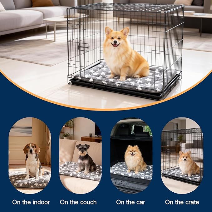 Washable Dog Bed Mat With Anti-Slip Bottom, Deluxe Plush Memory Foam Crate Pad & Waterproof Outdoor Kennel Mat For Dogs & Cats-Durable Crates Beds, Large Medium Small Puppy Size 24" x 18",Blue