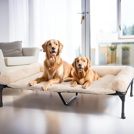 Veehoo Orthopedic Elevated Dog Bed + Removable Fluffy Pillow-Top Mat, Plush Raised Dog Bed with Bolster, Breathable Mesh, No-Slip Feet, Dog Sofa Bed for Indoor & Outdoor, 59"x37.5", XXLarge, CWC2331E