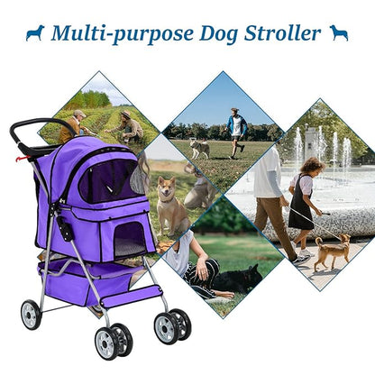 HHS Dog Strollers for Small Puppy Pet Stroller Dogs Cat 2, 4 Wheel Folding Travel Jogger Strolling Cart with Storage Basket, Cup Holder, Removable Liner, Purple, 17.5 (L) x 33 (W) x 38.6 (H) inches