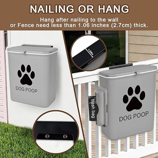 Dog Poop Trash Can Outside Hanging, 2 Gallon Wall Mount Dog Poop Trash Can with Trash Bag Dispenser, Small Pet Waste Bin with Lid, Hanging Pet Waste Disposal Container for Fence, Garbage, Outdoors