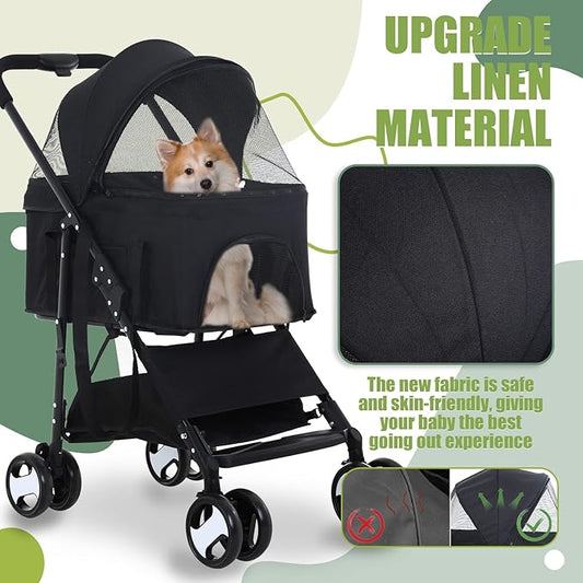 Dog Stroller 3-in-1 Folding Dog Stroller for Medium Small Dogs Pet Stroller Cat Stroller 4 Wheels with Detachable Carrier Storage Basket Waterproof Lightweight for Travel,Black