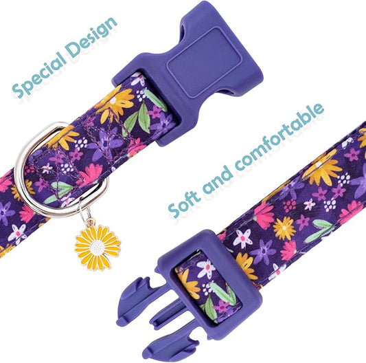 Faygarsle Cotton Dog Collar Cute Dog Collars for Small Medium Large Dogs Purple Yellow Floral Colored Options Soft and Fancy Pet Collars for Girls Flower Pattern for Girl Dog Collar S