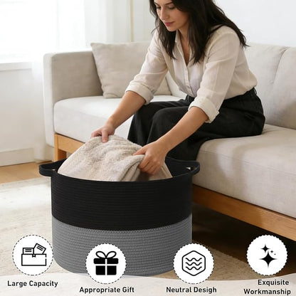 65L Large Blanket Basket,19.7" L x 19.7" W x 13" H Rope Woven Baskets with Handles, Toys Storage Bins,Laundry Basket Perfect for Living Room, Nursery,Bedroom,Home Organization,Black&Dark Grey