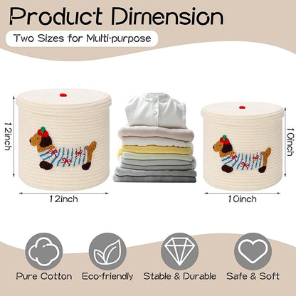 Novabright 2 Pcs Dog Woven Basket with Lid Cute Toy Storage Bin Cotton Rope Puppy Animal Storage Basket for Laundry Toy Pet Gift Organizer for Clothes Towels