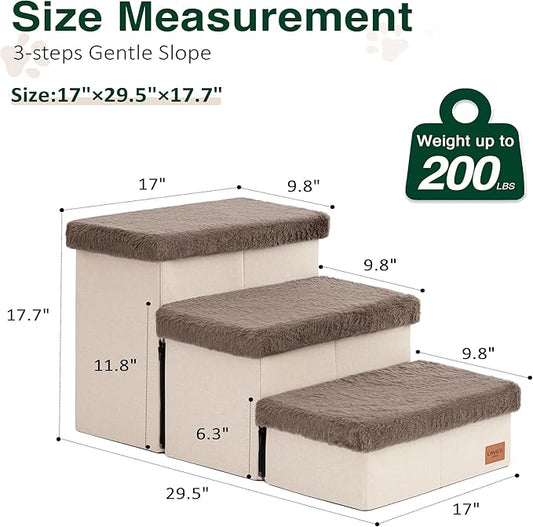 Love's cabin Dog Stairs for High Bed 18" H, 3 Steps with Furry Lids Pet Stairs for Small Medium Large Dogs, Foldable Cat Ramp with Zip up to 200 lbs, Brown
