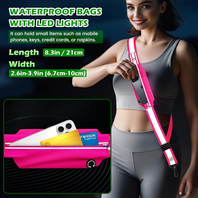LED Reflective Belt Sash, Rechargeable LED Light Night Safety Walking Gear, High Visibility Adjustable Reflective Gear for Runners Walkers Cyclists at Night (Pink)
