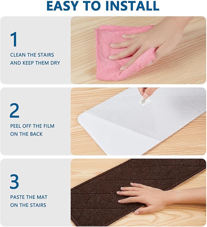 Stair Treads for Wooden Steps Indoor, 15 Pack 8" X 30" Non Slip Carpet Stair Treads with Reusable Adhesive for Kids Elders and Dogs, Surface Polyester TPR Backing Stair Rugs, Brown