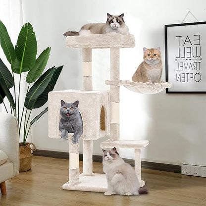 FDW 37.8 inch Cat Tree Cat Tower for Indoor Cats with Scratching Posts,Multi-Level Cat Furniture Activity Center Stand House Cat Condo Modern Cat Tower with Hanging Cradle & Funny Toy,Beige