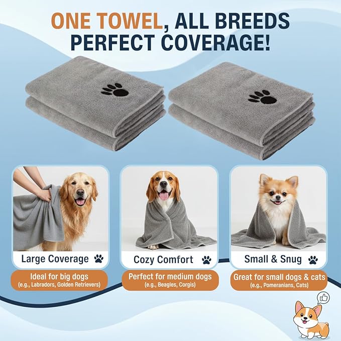 Dog Towel Keeps Your Pet Cozy After Every Use - Microfiber Towels for Drying Dogs & Cats – Quick & Efficient Grooming Gray Towel for Outdoor Play - Gently Dries Your Pet’s Fur 15.7X27.6in l Medium 5PK