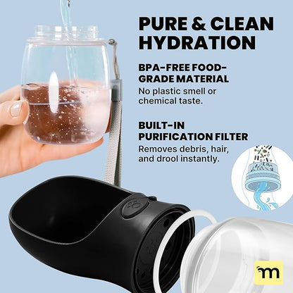 MalsiPree Dog Water Bottle Dispenser - 12 oz Black - Leak-Proof Lock & One-Hand Operation - On The Go Dog Water Dispenser - Pet Travel Bottle with Built-in Bowl, Travel & Hiking Ready