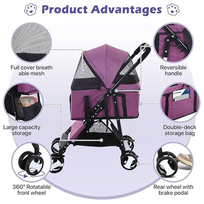Pet Stroller 3-in-1 Folding Dog Cat Strollers for Medium Small Dogs Cats 4 Wheels Lightweight Travel Dog Strollers Cat Stroller with Detachable Carrier, Purple