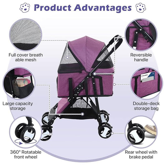 Pet Stroller 3-in-1 Folding Dog Cat Strollers for Medium Small Dogs Cats 4 Wheels Lightweight Travel Dog Strollers Cat Stroller with Detachable Carrier, Purple