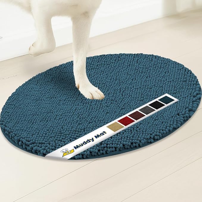 Muddy Mat® Shown on TV – Super Absorbent Microfiber Dog Door Mat for Muddy Paws, Non-Slip Washable Pet Rug, Quick Dry Chenille Entryway Carpet, Machine Washable Mat, Atlantic Blue Oval 6ft x 9ft