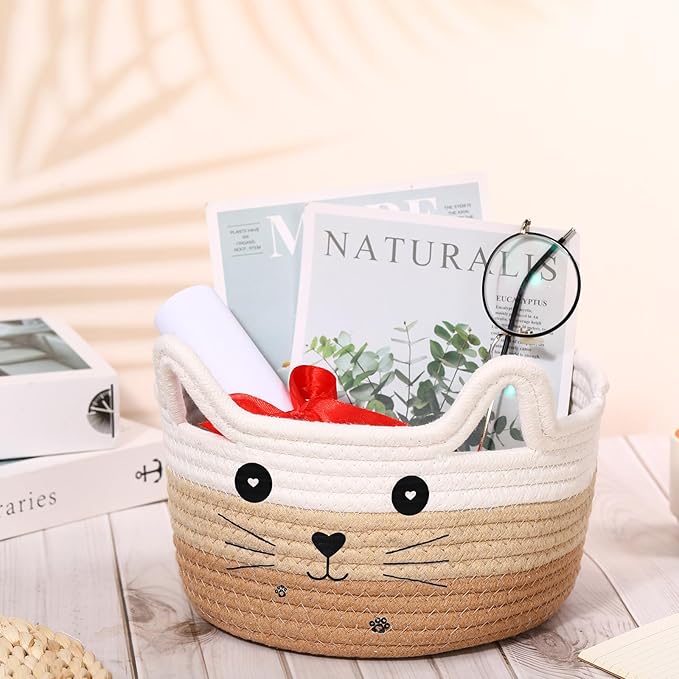 Zopeal Cat Basket Storage Woven Organizer with Ears Easter Decorative Pet Toy Cute Cotton Rope Basket for Gift Cat Dog Toy Bin Nursery Room(8.3 x 4.7 Inch,White Khaki Brown)
