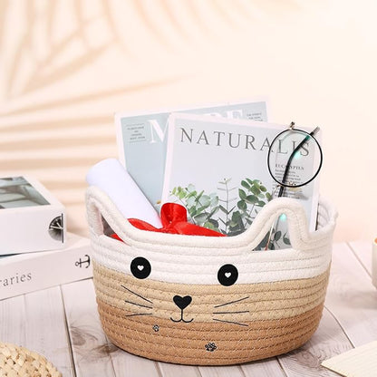 Zopeal Cat Basket Storage Woven Organizer with Ears Easter Decorative Pet Toy Cute Cotton Rope Basket for Gift Cat Dog Toy Bin Nursery Room(8.3 x 4.7 Inch,White Khaki Brown)