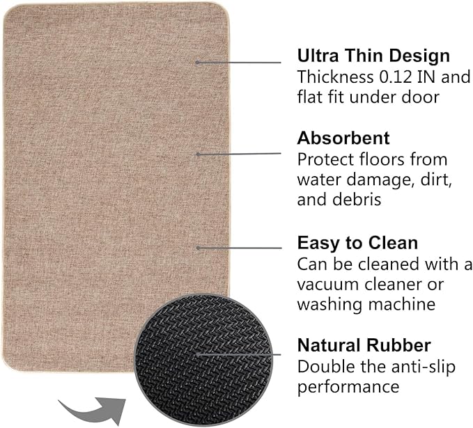 Indoor Door Mat, 1/10 in Ultra Thin Door Mat, Non-Slip Natural Rubber Backing Inside Doormat, Washable, Low-Profile Entrayway Mats, Durable Dirt Trapper for Various Entrance, 47''X24'' Khaki