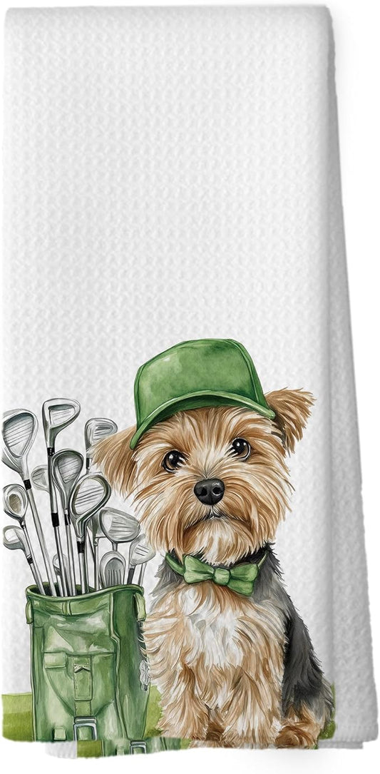 Golf Dog Kitchen Towels - Yorkshire Terrier Dish Towels, Sports Gifts, Pet Golf Club Decorative Absorbent Dishcloths Hand Towels for Kitchen Gym Spa Decor 16x24 Inches