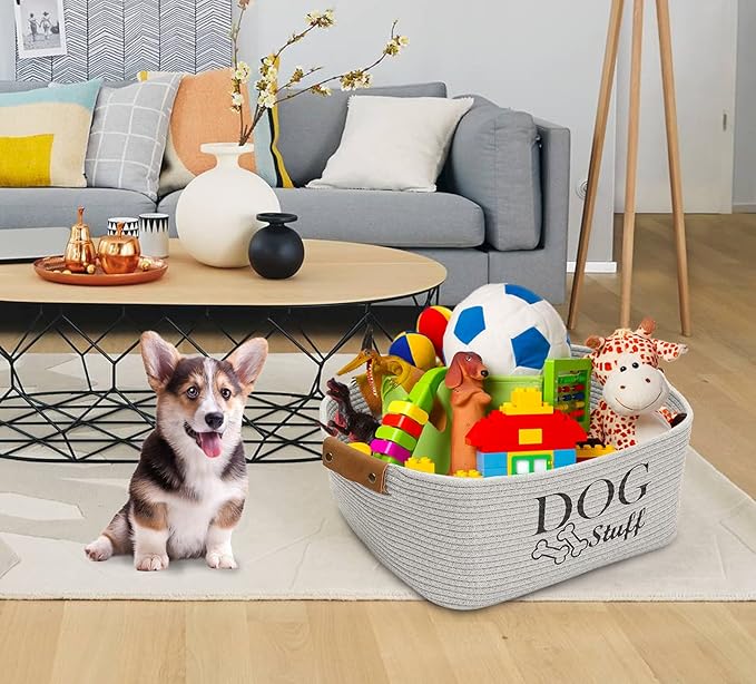 Geyecete Square Dog toy basket storage Cotton Rope Storage Basket Pet/Pet Toy And Accessory Storage Bin Doy Toy Box-Gray