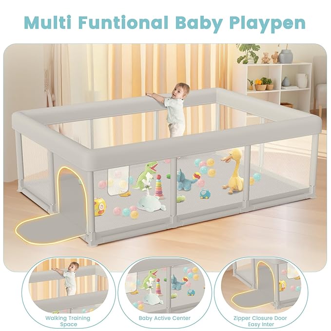 Baby Playpen Extra Large Play Yard 74" x 50" Playpen for Babies and Toddlers with Anti-Slip Suckers and Zipper Gate, Safety Baby Activity Center for Indoor & Outdoor