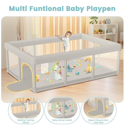 Baby Playpen Extra Large Play Yard 74" x 50" Playpen for Babies and Toddlers with Anti-Slip Suckers and Zipper Gate, Safety Baby Activity Center for Indoor & Outdoor