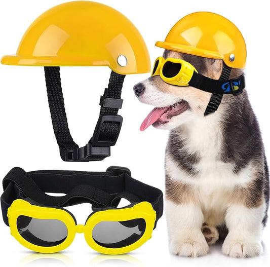 Frienda Dog Helmet and Goggles, UV Protection Doggy Sunglasses and 4 Inch Padded Puppy Motorcycle Helmet Adorable Dog Goggles with Adjustable Belt for Small Dogs Puppy Riding(Yellow,S)