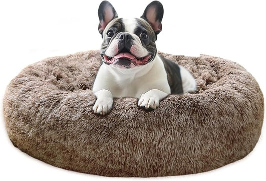 JOLLYVOGUE Calming Dog Beds Large Sized Dog, 36in Donut Washable Large Pet Bed, Anti-Slip & Anti-Anxiety Fluffy Faux Fur Round Dogs Bed, Fits up to 80 lbs Pets (Smoke Brown)