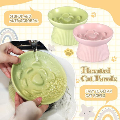 Layhit 2 Pack Raised Slow Feeder Cat Bowls Ceramic Elevated Cat Food Bowls Anti Vomiting Slow Feeder for Dog and Kitten for Dry and Wet Food(Green, Pink)