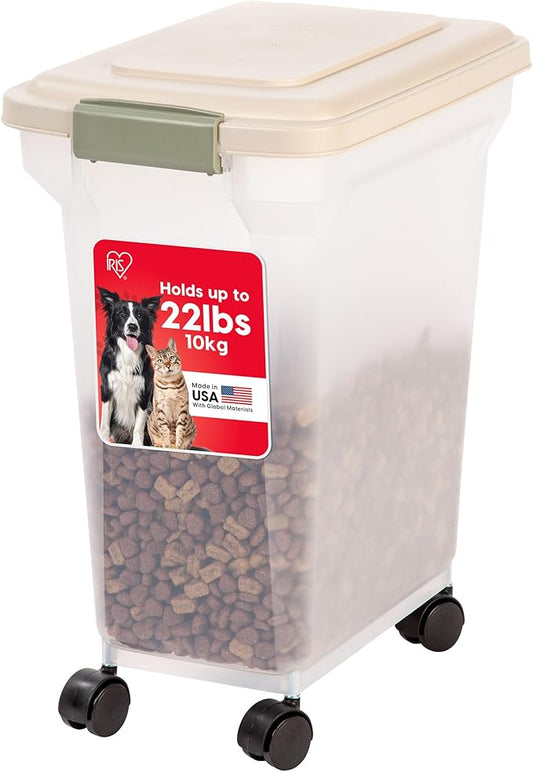 IRIS USA Airtight Dog Food Storage Container, WeatherPro, Up to 22 lbs, Removable Wheels, for Dog Cat Bird and Other Pet Food Storage Bin, Keep Fresh, Made in USA, Almond/Clear