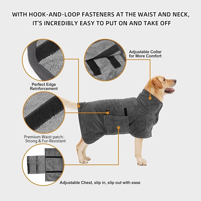 Dog Bathrobe, Quick Drying Super Absorbent Dog Robes for After Bath, Warm Keeping Dogs Towel, Dogs Bath Supplies, Comfortable Soft Drying Coat (Large, Grey)